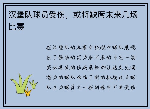 汉堡队球员受伤，或将缺席未来几场比赛