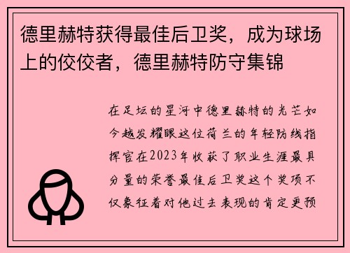 德里赫特获得最佳后卫奖，成为球场上的佼佼者，德里赫特防守集锦