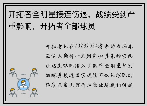 开拓者全明星接连伤退，战绩受到严重影响，开拓者全部球员